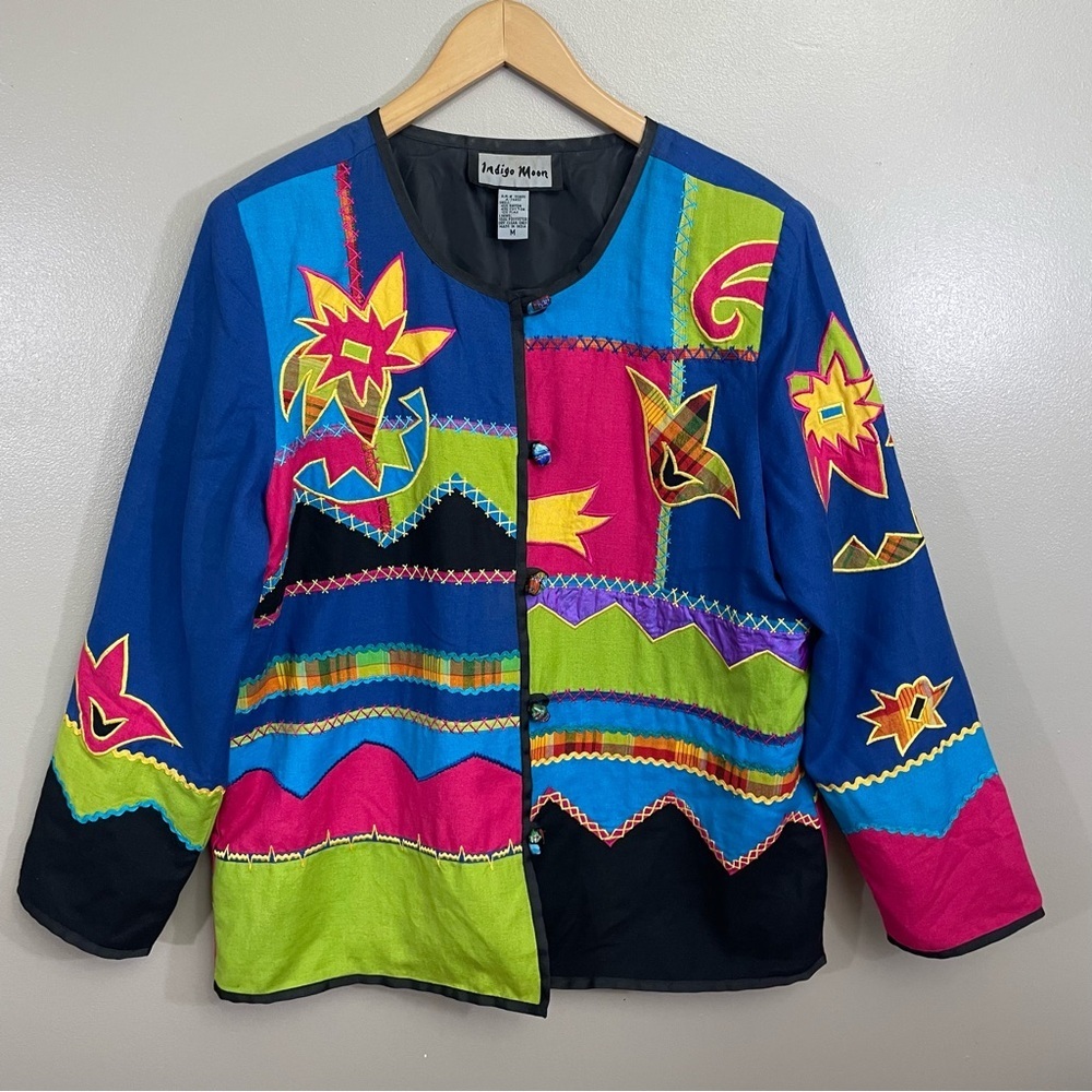 Indigo Moon Jacket Blazer 1X Lined Boho Embroidery Artsy Colorful Flax blend
